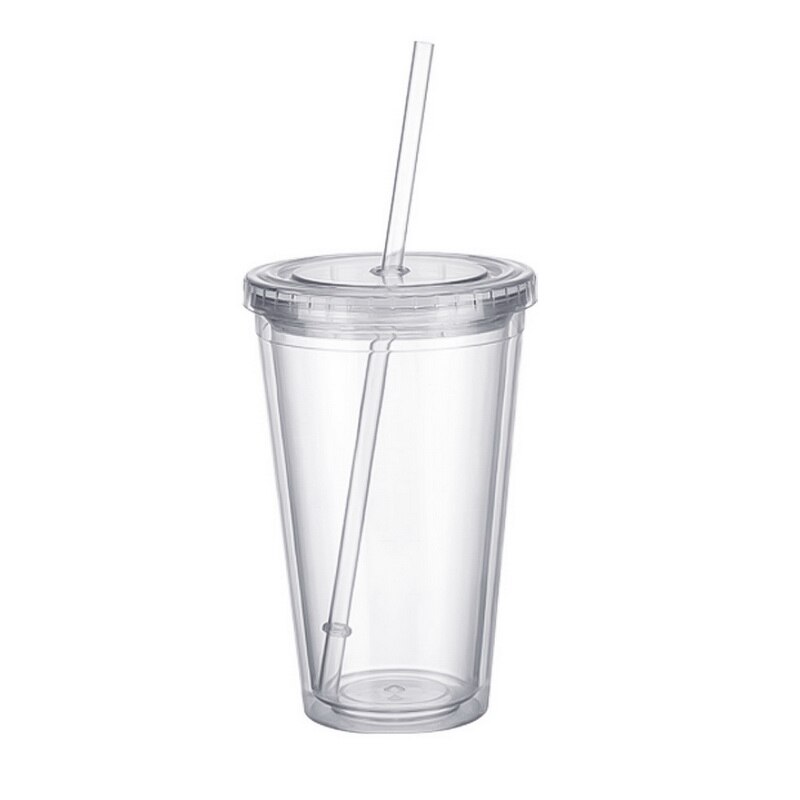 1 stk 500ml plastik isglas dobbeltvægget kold drik kaffe juice te rejse kop flaske krus med sugerør væske bæger låg  #25: Hvid