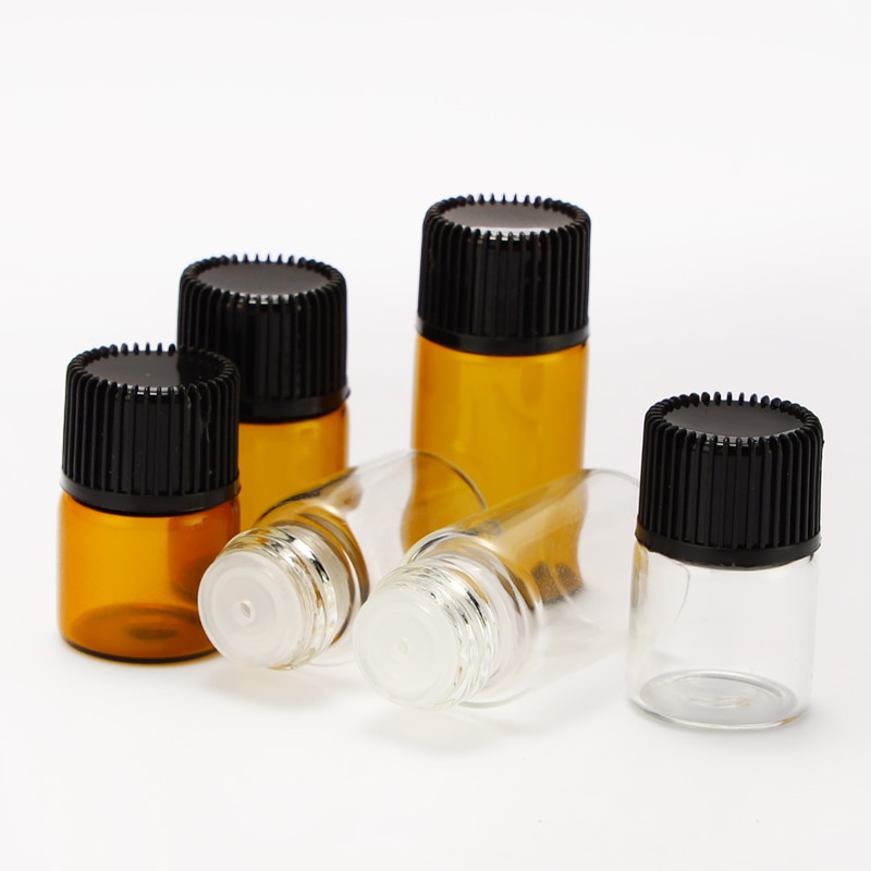 10 Uds. 1/2/3 ML PVC ámbar botella de aceite esencial vidrio delgado pequeños frascos de aceite de Perfume marrón botella de prueba con reductor de orificio