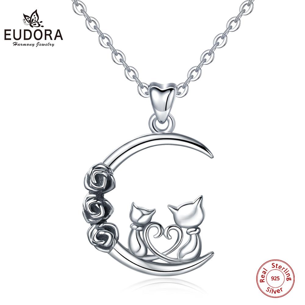 Eudora − collier pendentif en argent Sterling pour femmes, deux chats, trois roses, noir, bijoux Animal, , saint-valentin, meilleur , D483