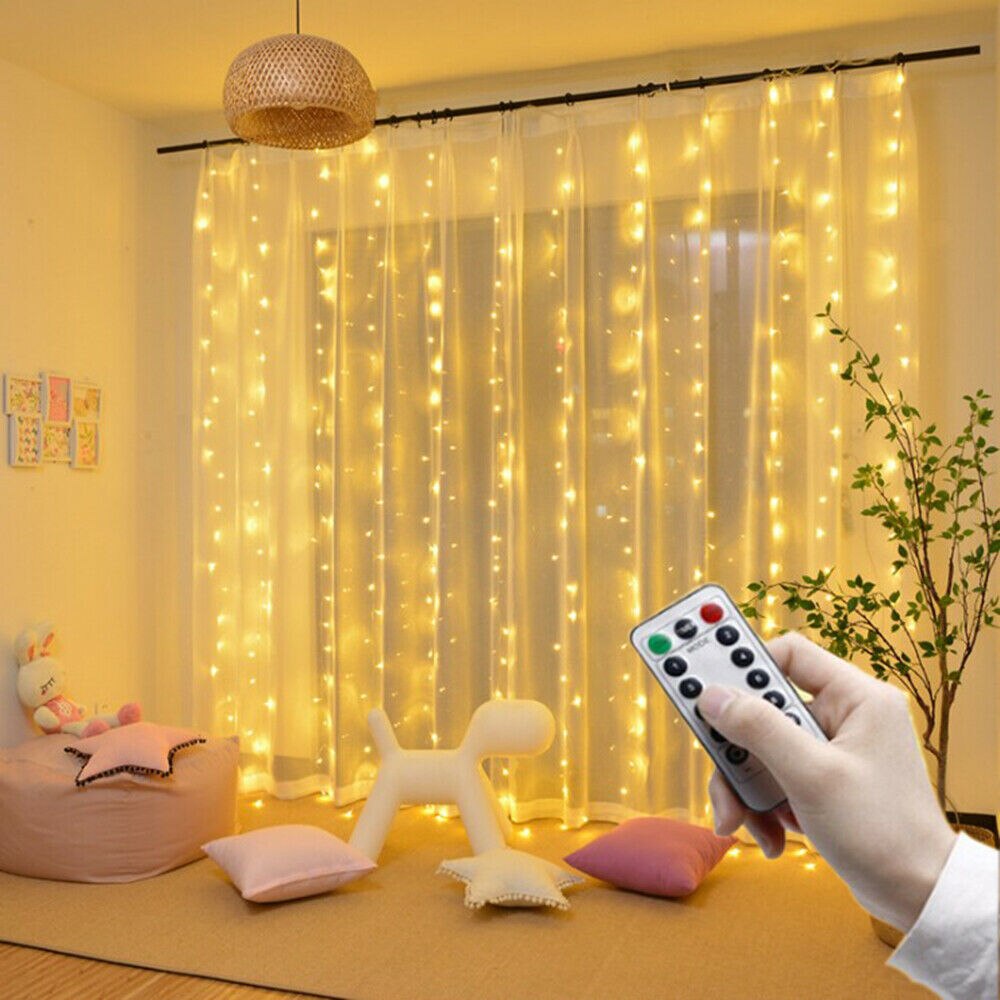 Rideau avec guirlande LED, lumière féérique, USB, avec télécommande, 3 m, décoration d'intérieur pour fenêtre et chambre, Noël et Nouvel An: warm white / 3X2M-200LED
