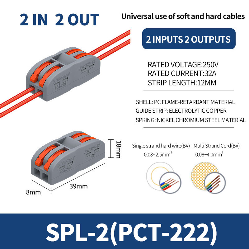 Conector de cableado rápido de salida múltiple, Cable de cableado divisor Universal, bloque de terminales de empuje, cableado rápido Universal SPL 222 23: Azul / 1 P