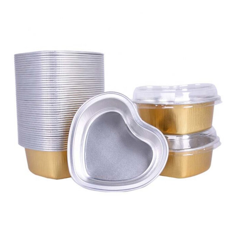 100Pcs Valentine Aluminum Foil Cake Pan 100ml Heart Shaped Cupcake Cup With Lids Disposable Mini Cupcake Cup For Wedding