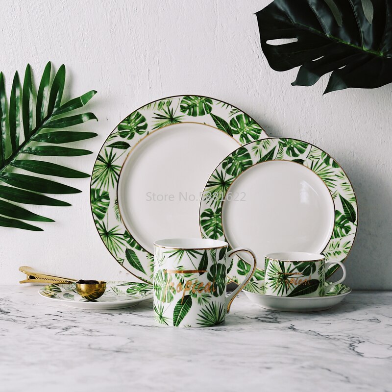 Skønhed guld europæisk stil grønne planter mønster keramisk bordservice porcelæn servise sæt knogle porcelæn plade krus kop og underkop