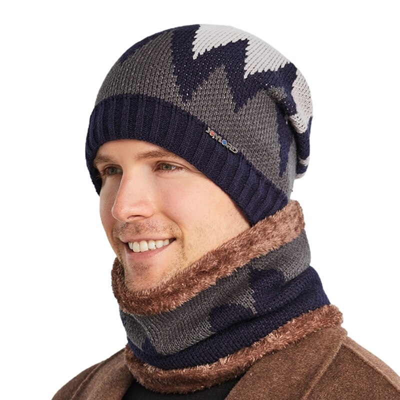 2Pcs Men Winter Flame Pattern Knitted Beanie Hat Circle Scarf Set Outdoor Cycling Windproof Thicken Plush Lined Skull Cap H05D