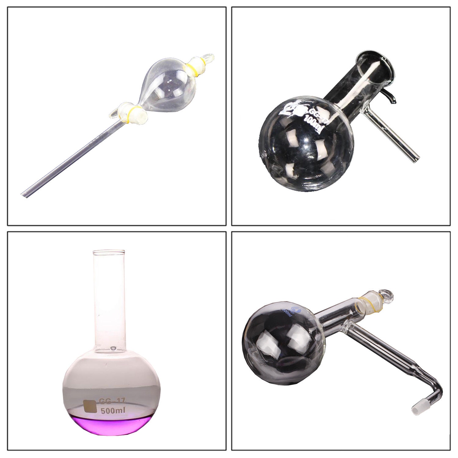 Lab Distillation Aparatus Glassware Kits:Distillation Flask,Condenser,Ox Horn Tube, Separatory Funnel, Flat-bottomed Flask