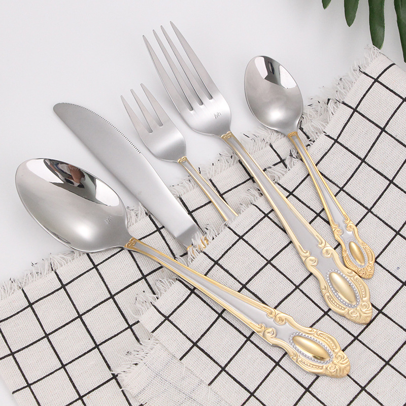 16/20pcs Dinnerware Set Stainless Steel Western Royal Cutlery Silverware Spoon Tea Forks Knives Embossed Handle Dinner Tableware