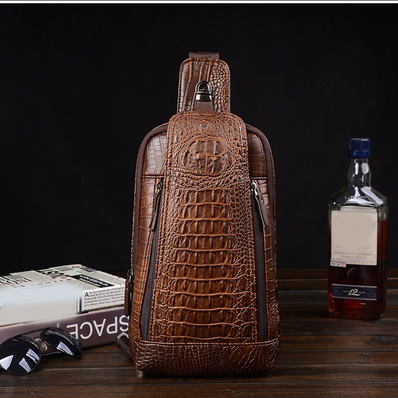 Bolso de pecho con patrón de cocodrilo de cuero para hombre, bandolera con correa ajustable, orificio para auriculares, d88: Castaño