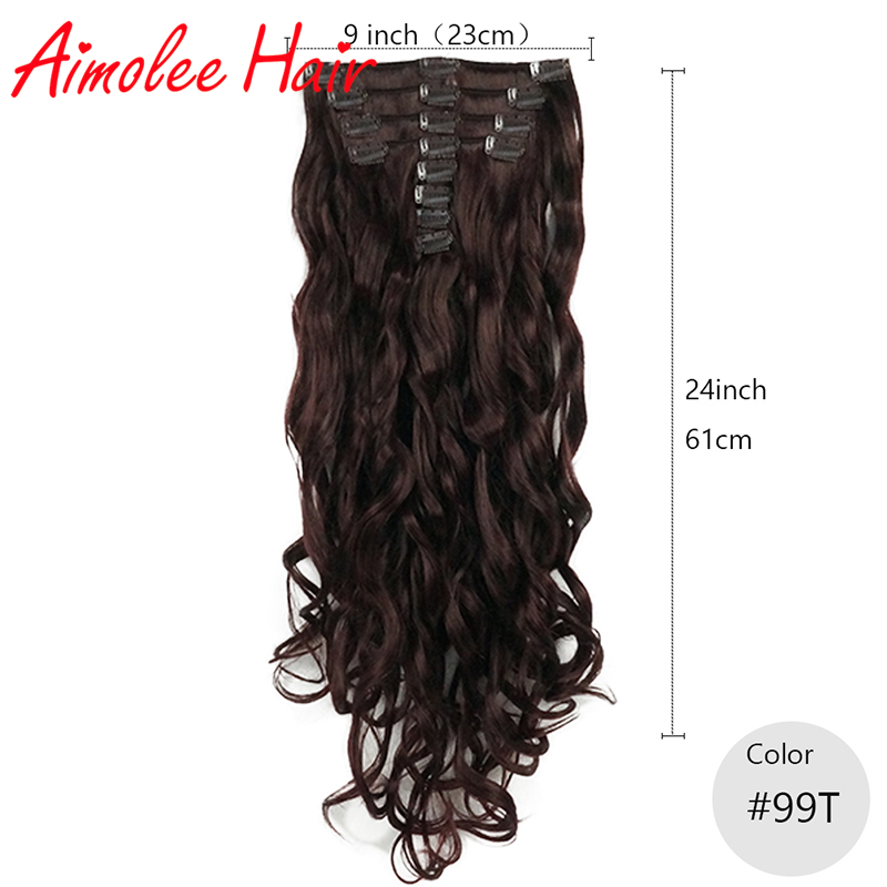 Extensiones de cabello de 24 pulgadas, 8 unidades por juego, pelo sintético largo ondulado Natural de cobre rojo Auburn, 16 clips de fibra de alta temperatura: 99T
