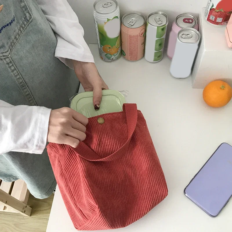 Lunchtas Corduroy Canvas Lunchbox Trekkoord Picknick Tote Eco Katoenen Doek Kleine Handtas Diner Container Voedsel Opbergzakken: Rood