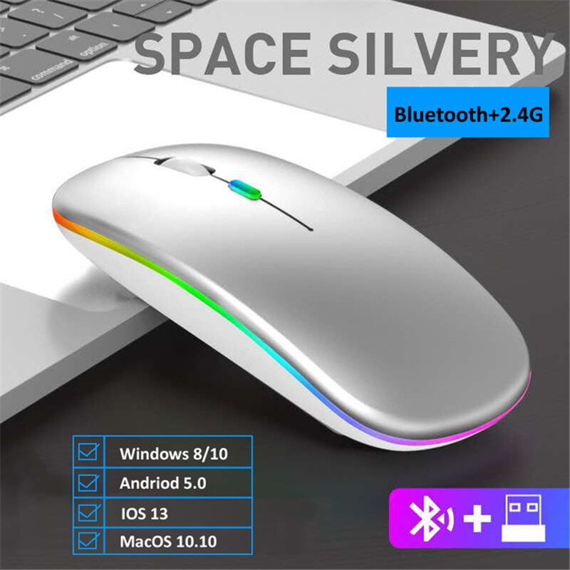 Rechargeable Wireless Mouse Computer Bluetooth Mouse Ergonomic Usb Mouse Silent Mause With Backlight RGB Mice For Laptop PC ipad: mouse Silver