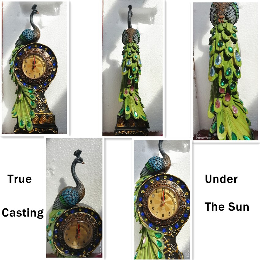 Refine Table Clock Resin Cafts Tropical Flavor Peacock Clock Home Decor Ornament Pastoral Quartz Jump Gems
