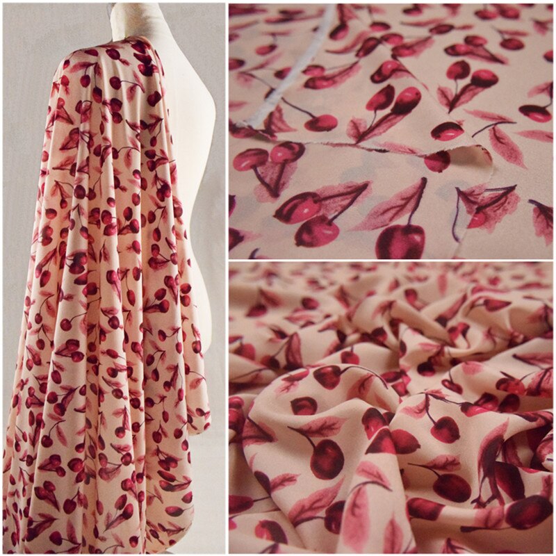 Tela raso estampado de cerezas rosa, Retro, de grado alto, medio metro, para vestido, camisa, ropa de mujer, Material de costura, T1421