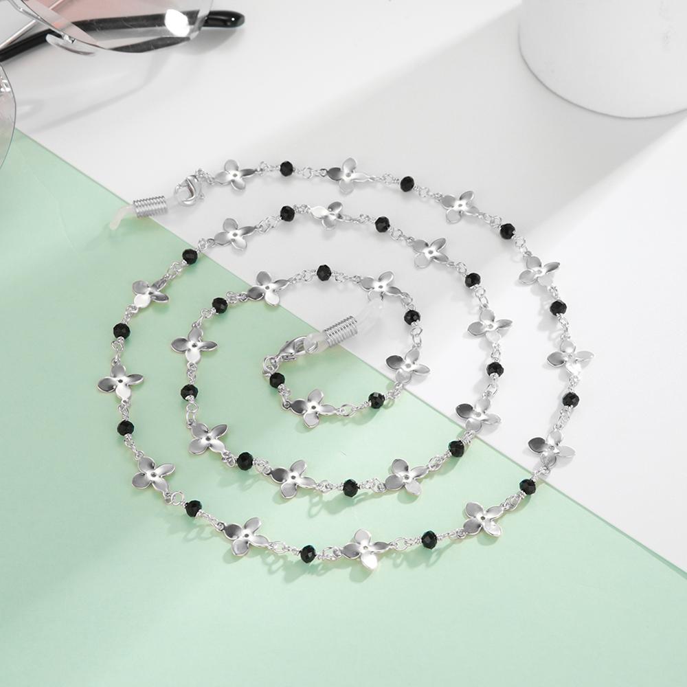 Teamer acrylique cristal noir perles lunettes chaîne femmes lunettes collier fleur métal lunettes de soleil cordon lanière sangles: Steel