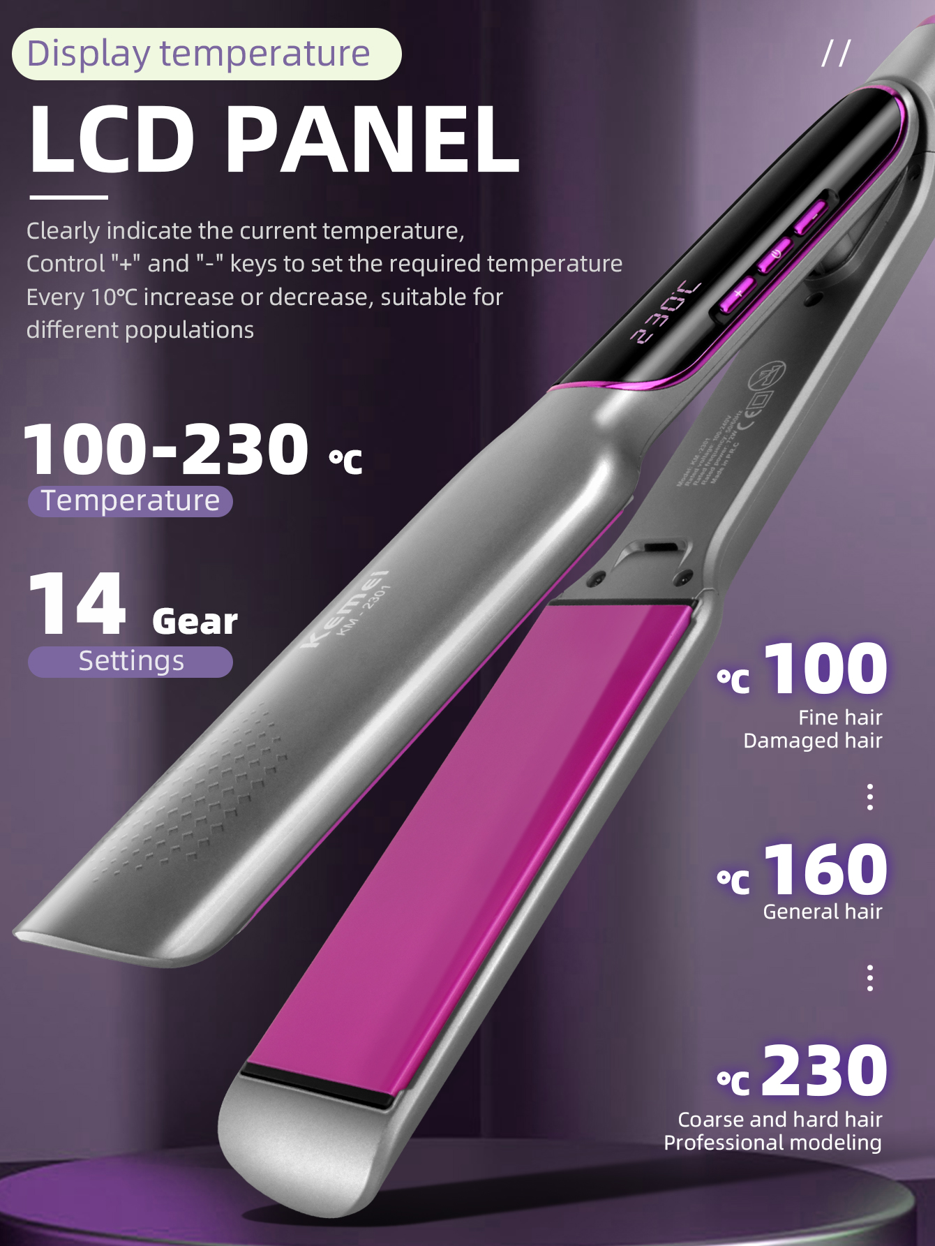 Plancha de pelo KEMEI con pantalla LCD, plancha plana de iones negativos, plancha alisadora de cabello infrarroja, cuidado del cabello para mujer