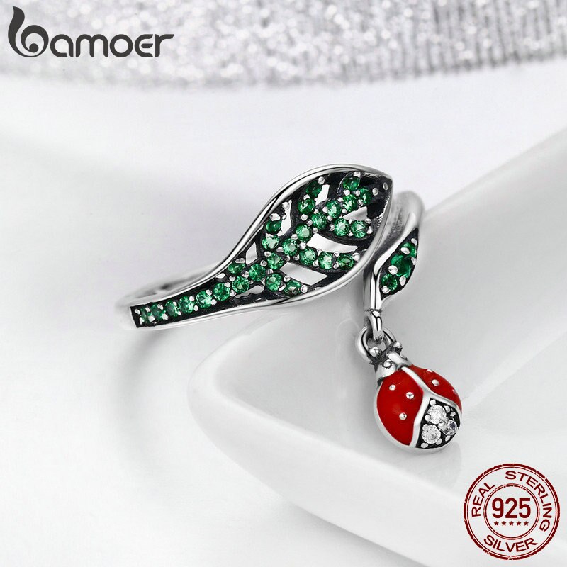 Bamoer 925 Sterling Zilveren Rusten Lieveheersbeestje Dangle In Boom Bladeren Vinger Ringen Voor Vrouwen Sterling Zilveren Sieraden SCR310