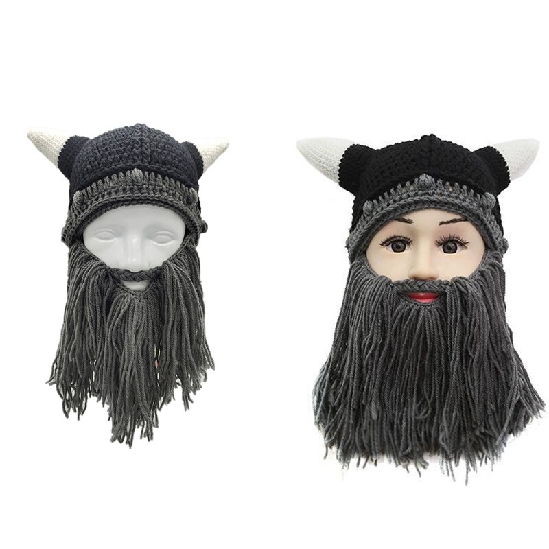 Funny Viking Beard Beanie Beard Hat Viking Horns Bearded Caps Parent-Child Knit Helmet Removable Thermal for Winter