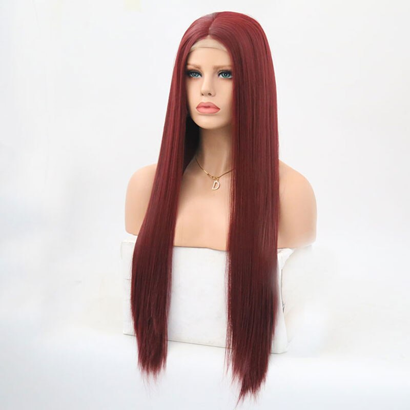 "bomba" wino burgundzkie czerwone proste syntetyczna koronka peruka przód włókno termoodporne naturalną linią włosów środkowa część dla kobiet peruki