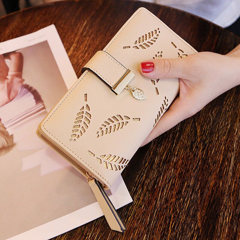 Women Wallets Long Wallet Ladies Buckle Hollow Leaf Purse Wallet Female Women Purse Card Holder: Khaki