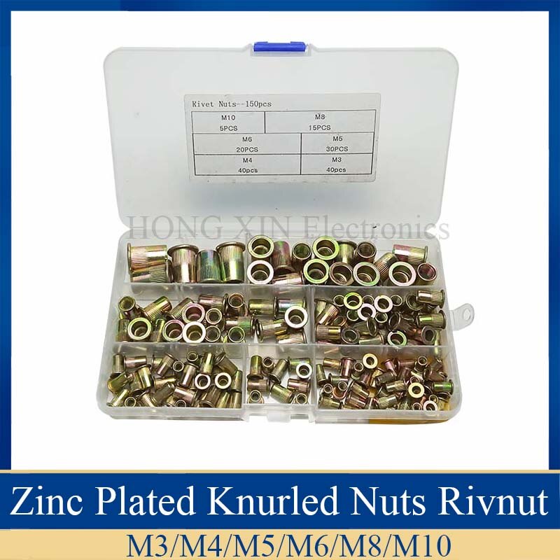 150 Stks/set M3 M4 M5 M6 M8 M10 Verzinkt Gekartelde Noten Rivnut Platte Kop Schroefdraad Klinknagel Insert Nutsert Cap klinknagel Moer Assortiment