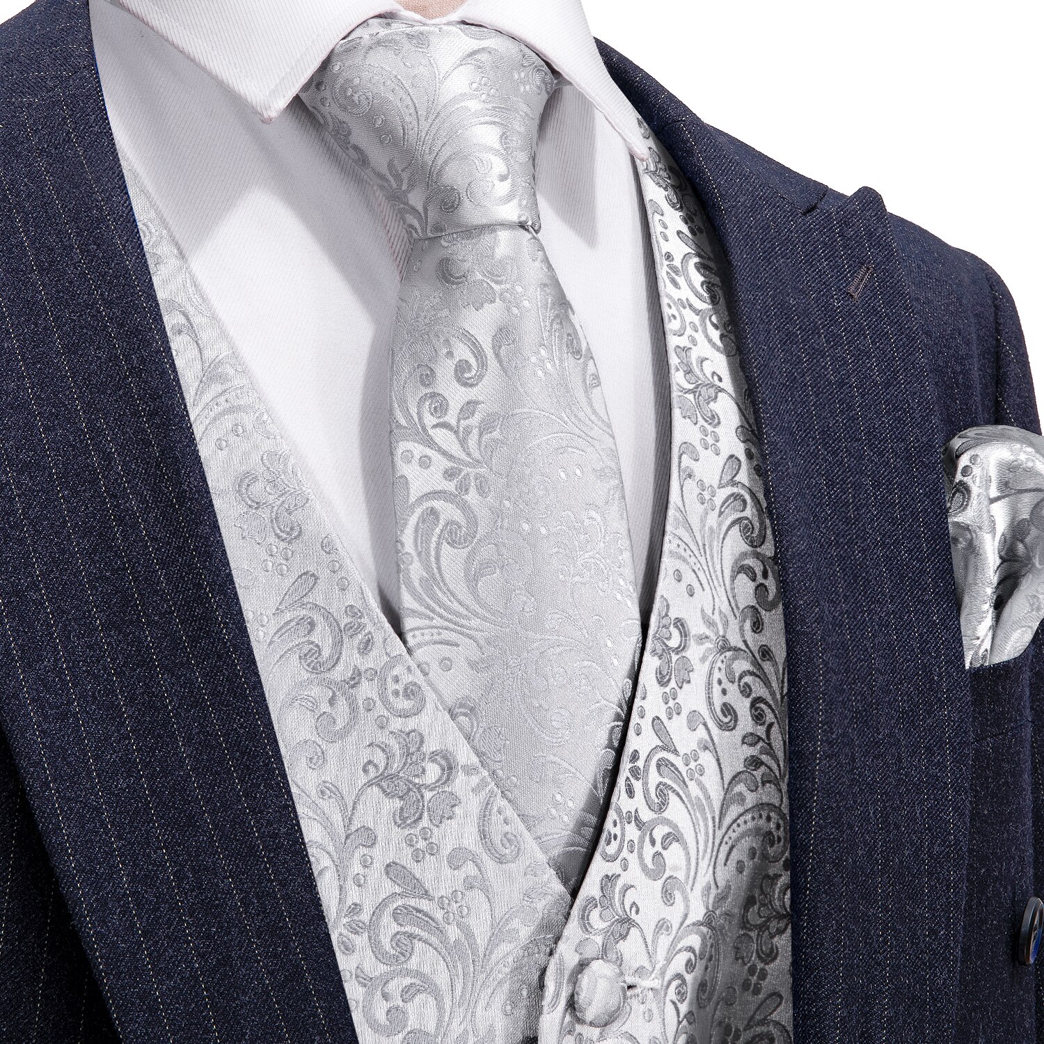 Traje de boda de plata para hombre, chaleco Floral Jacquard Folral de seda, conjunto de traje, pañuelo, corbata, de Tony Wang