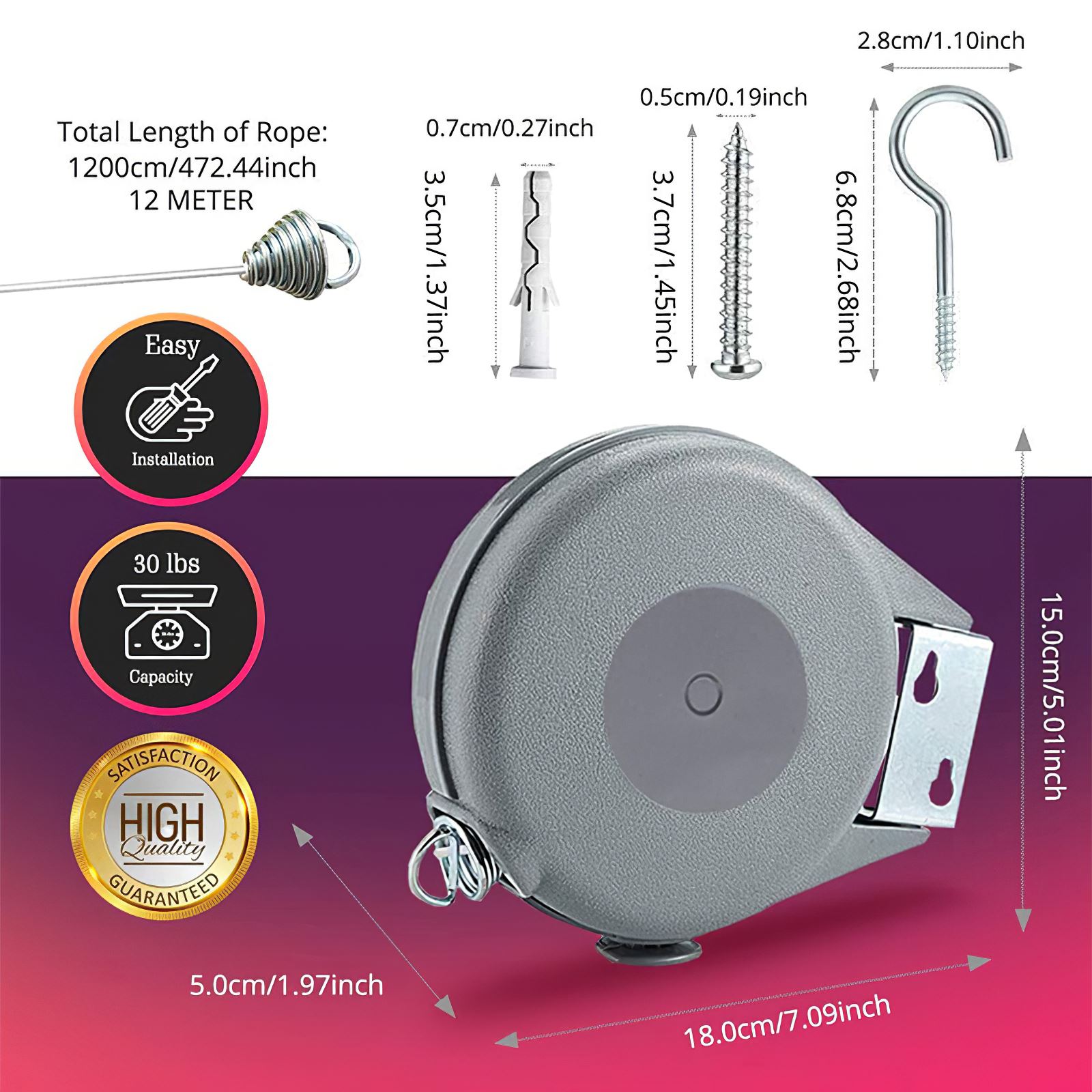 12M Retractable Clothesline Adjustable Drying PVC Reinforced Fiber Yarn Laundry Line For Balcony Patio Indoor Outdoor