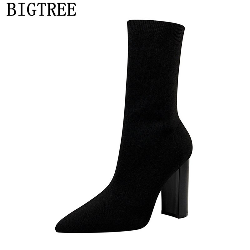 Bigtree Schoenen Vrouwen Enkellaarsjes Breien Schoenen Vrouw Sokken Laarzen Schoenen Botas Mujer Invierno Dikke Hak Hakken Buty