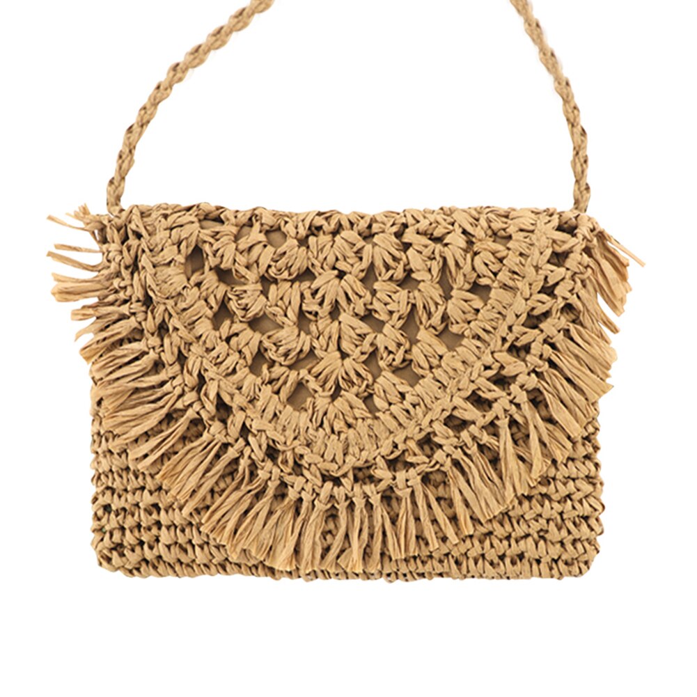 Vintage halm vævet kvinder skulder messenger kvaster strandtasker vævede ferie strand firkantede crossbody håndtasker: Lysebrun