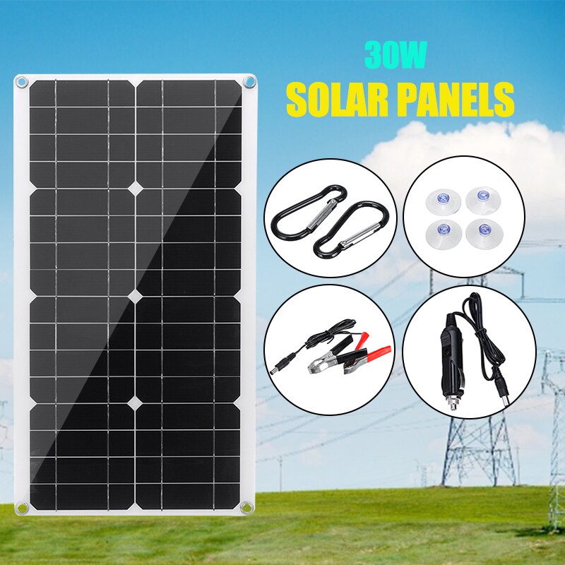 Mono Solar Panel 30W DC 12V USB 5V Monocrystalline Flexible Solar Cells Waterproof Battery Charger 53x29cm for Car RV Ship Boat