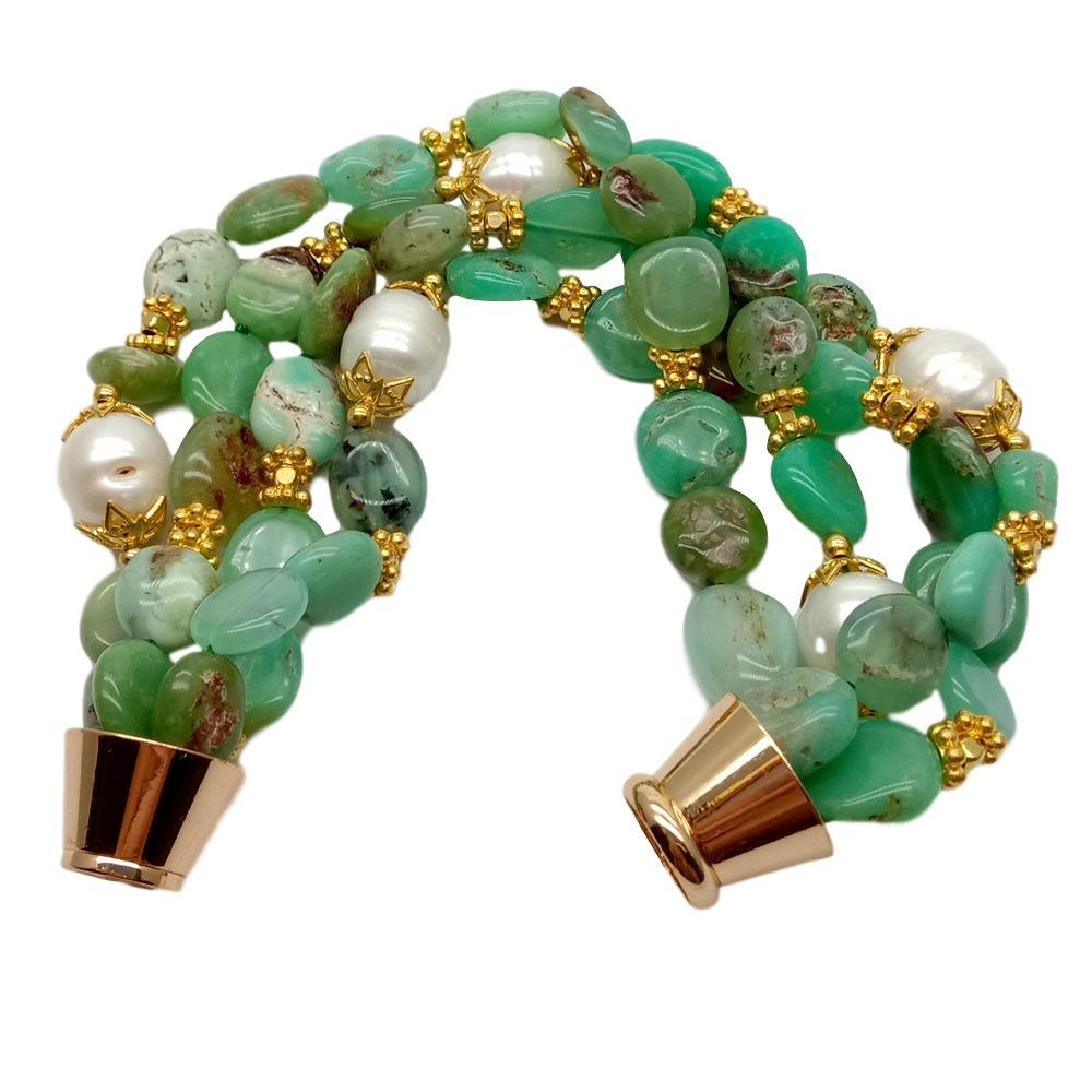 Y · Ying Natuurlijke 4 Strengen Groen Chrysopraas Nugget Gekweekte Witte Rijst Parel Armband 8.5 ''Voor Vrouwen