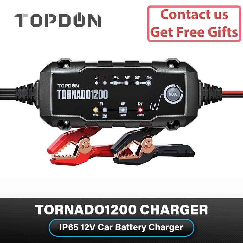 Topdon T1200 Car Battery Charger Tornado1200 80AH 6V 12V Automatic Lead Acid Lithium Charger IP65 Smart Battery Charger For Car