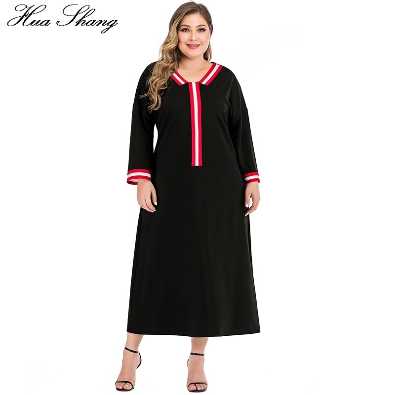 Plus size kvinder sommer afslappet kjole langærmet kvindelig patchwork v-hals solid sort maxi lange kjoler dame tunika kjole