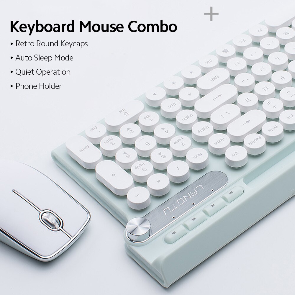 2.4G Keyboard Mouse Combo Quiet Operation Auto Sleep Mode Multifunctional Buttons Retro Round Key Caps Phone Holder