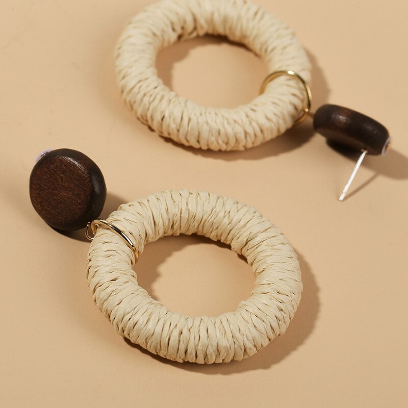 Simple Trendy Boho Handmade Round Vine Rattan Straw Woven Earrings For Women Bohemian Wooden Dangle Earring Jewelry