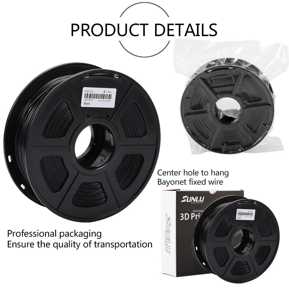 Sunlu Petg Gloeidraad 1.75 Mm Zwarte Kleur Petg 3D Printer Filament 1Kg Met Spool Lampshape Verbruiksartikelen