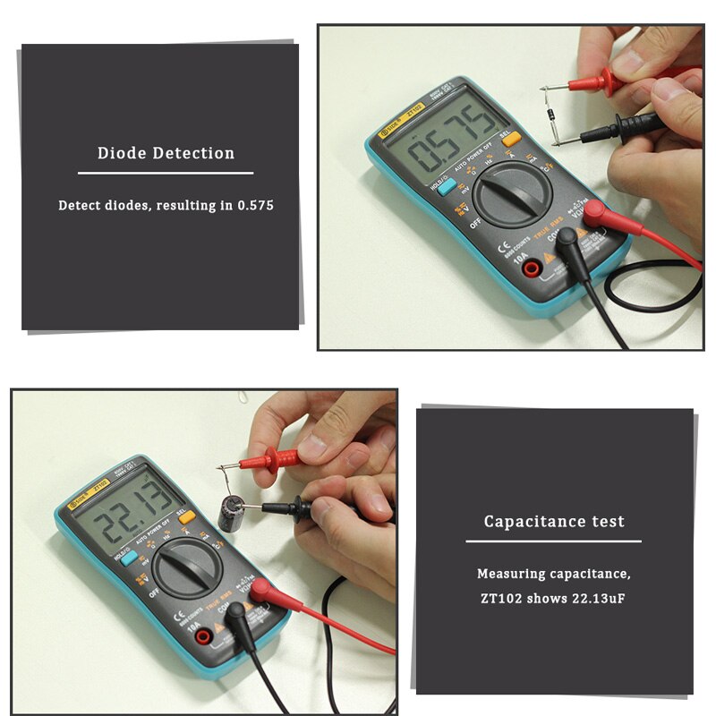 ZT100 ZT102 Ture RMS Digital Multimeter AC/DC Voltage Current Temperature Ohm Frequency Diode Resistance Capacitance Tester