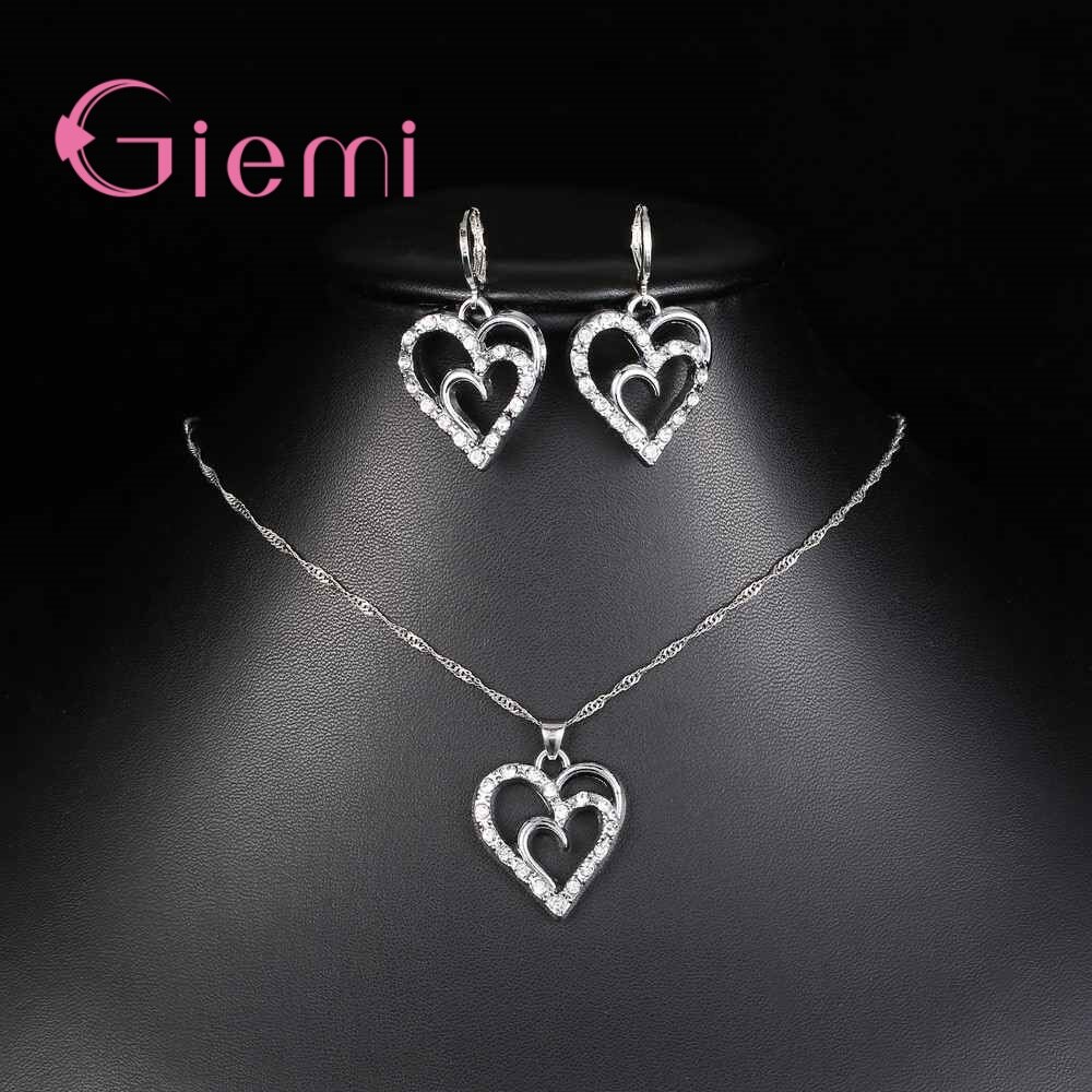 Zoete Hart Vrouwen Sieraden Sets Voor Wedding Party Shiny Zirkoon Echt Zilveren Ketting Hanger Oorbellen Set