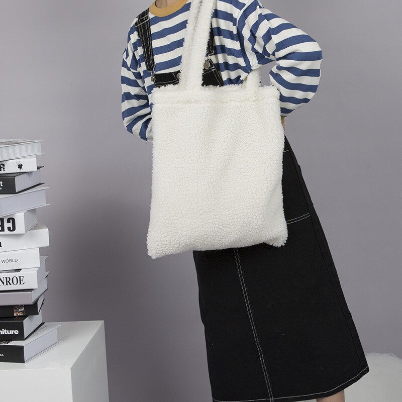 Youda original tote material de pelúcia inverno mulher saco grande capacidade portátil compras bolsa estilo clássico senhoras mensageiro sacos: White Handbag