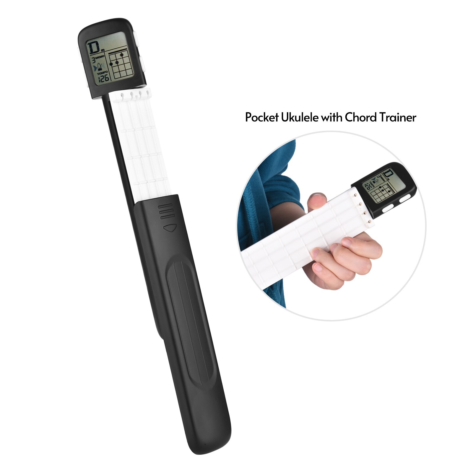Muslady-Ukelele portátil, entrenador de acordes, herramienta de práctica de digitación Uke con pantalla de tabla de acordes giratoria de 360 ° para principiantes: Black