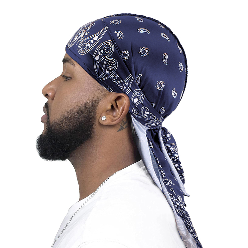 Men's Silky Durags African Print Headwrap for Women Long Tail Pirate Hat Biker Hear Wear Bandanas Turban Hair Accessories: SKY BLUE