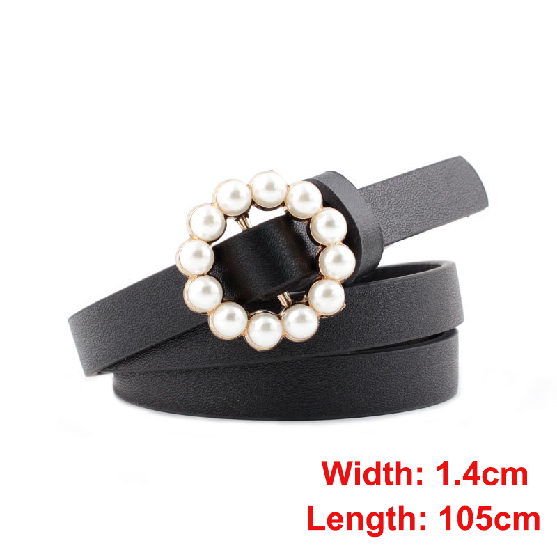 Pearl round pin buckle women simple ladies trend leather belt for women's youth brand belt: style 1-black
