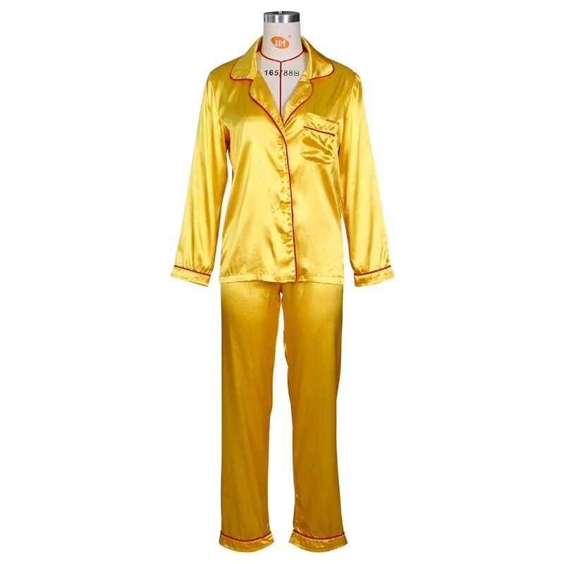Langærmede enkeltradede bukser jakkesæt satin damedragter løse kvindelige dyb v skjorte + lige bukser 2- delt sæt outfits: Gul / L