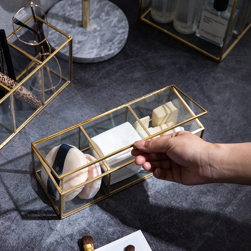 Klassisk europæisk glas makeup organizer med gylden dækket kant badeværelse makeup organizer make up produkter kosmetisk organizer