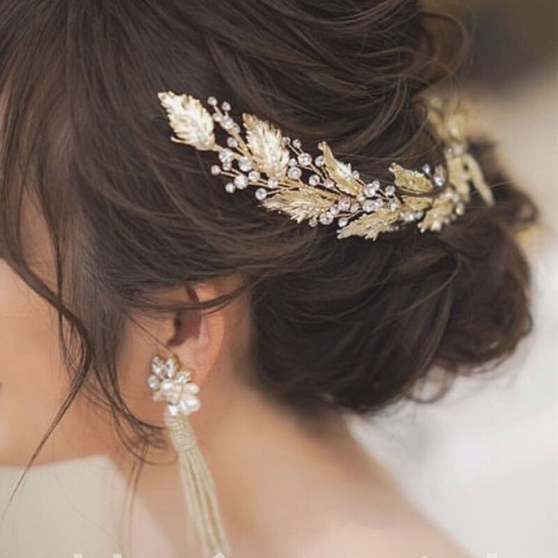 SLBRIDAL Handmade Vinatge Gold Crystal Rhinestones Branch Leaf Wedding Hair accessories Hair Vine Bridal Headband Women Jewelry