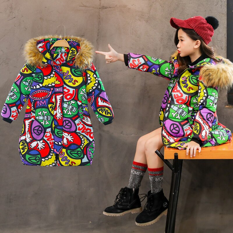 Winter Kids Jassen Voor Meisje Warme Lange Jas Kinderen Stijlvolle Gedrukt Jassen Kerst Kostuum Bovenkleding Voor 4-12 jaar Meisjes