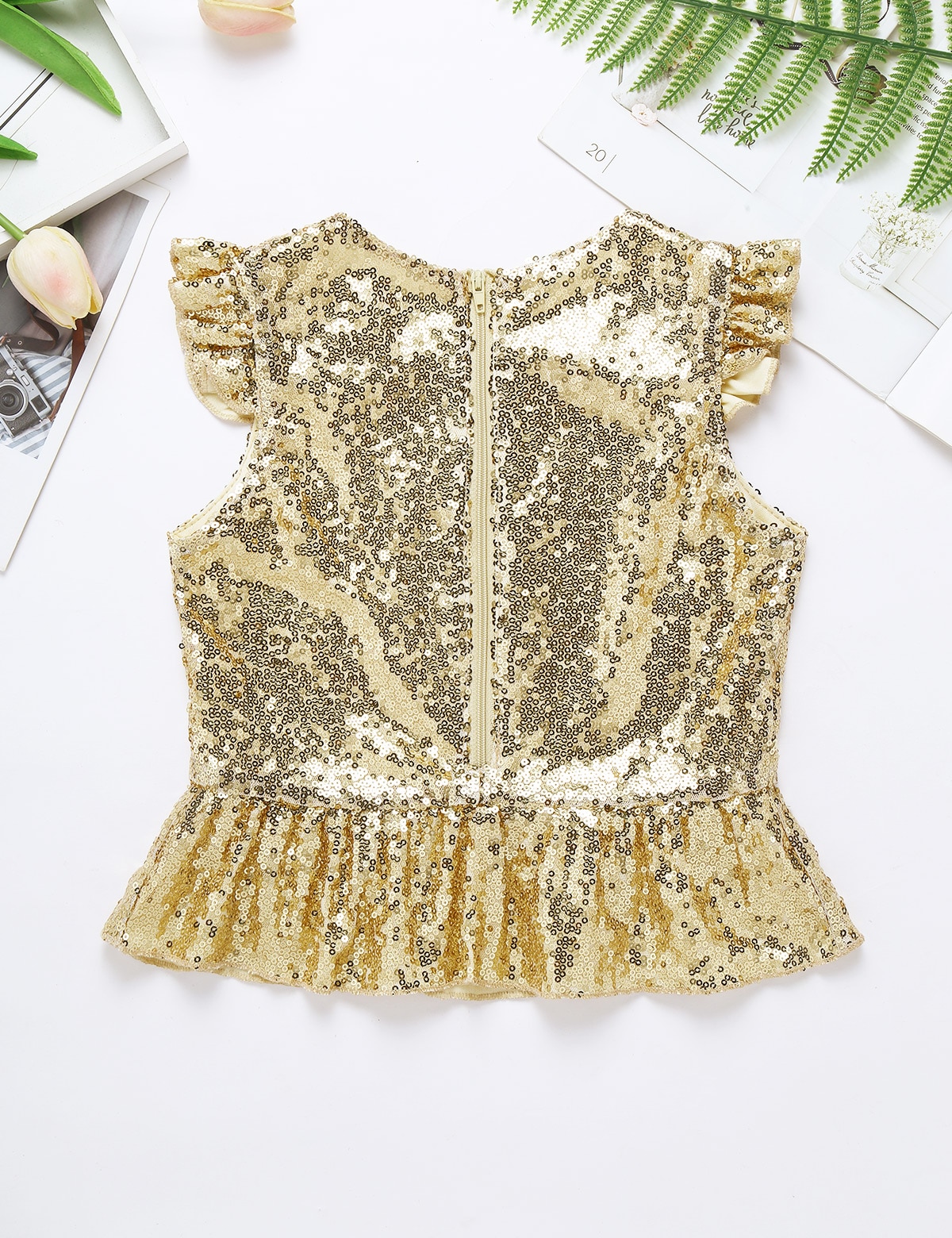 Hauts en prune pour filles, Costume sirène, avec paillettes scintillantes à manches courtes, hauts de fête d'anniversaire carnaval, Costume de Jazz et de danse