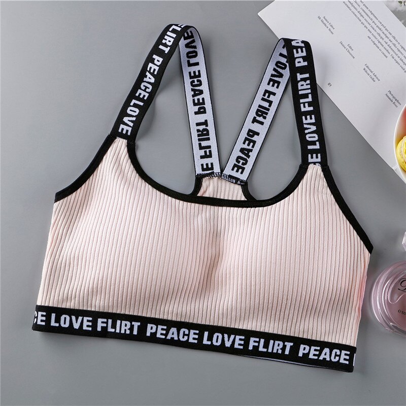 Brev teenager piger sports bh'er bomuld lille vest kvinder tanks jogging gym yoga undertøj teen træning cross back bh'er: Lyserød