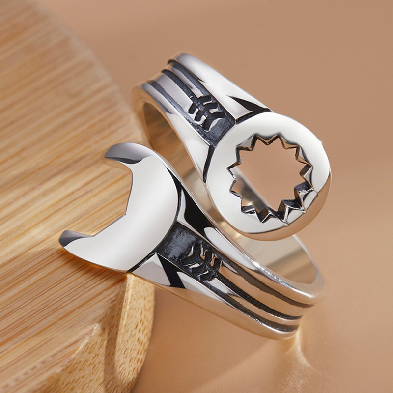 Anillo abierto de plata 925, llave inglesa Punk, geométrico, asimétrico, apilable para mujeres y hombres, joyería de ,
