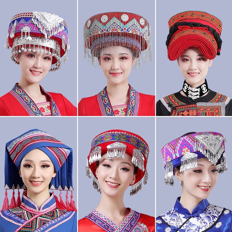 Hmong Miao Dance Hat For Women Traditional Clothing Hats With Tassel Accessories Festival Performance Headwear Vintage Headdress