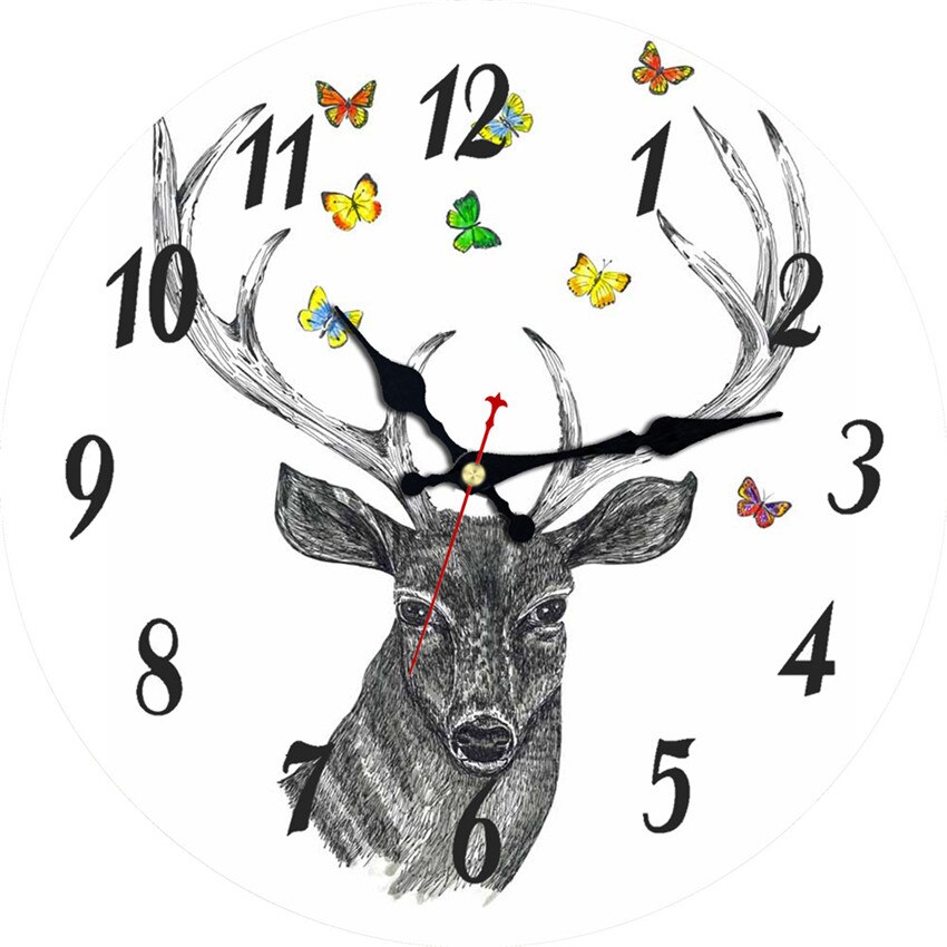 Reloj de pared de madera grande, reloj de pared de madera redondo con números grandes árabes, ciervo gris, decoración artística para el hogar: 17899 / 6 inch ( 15 cm )