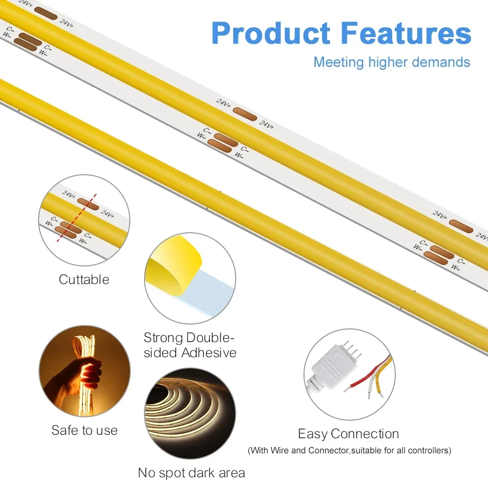 10m cob cct led streifen licht 2700 leds/m hoch dichte flexible cob 5mm led lichter ra90 6500k bis k linear dimmbar 3 drähte dc24v